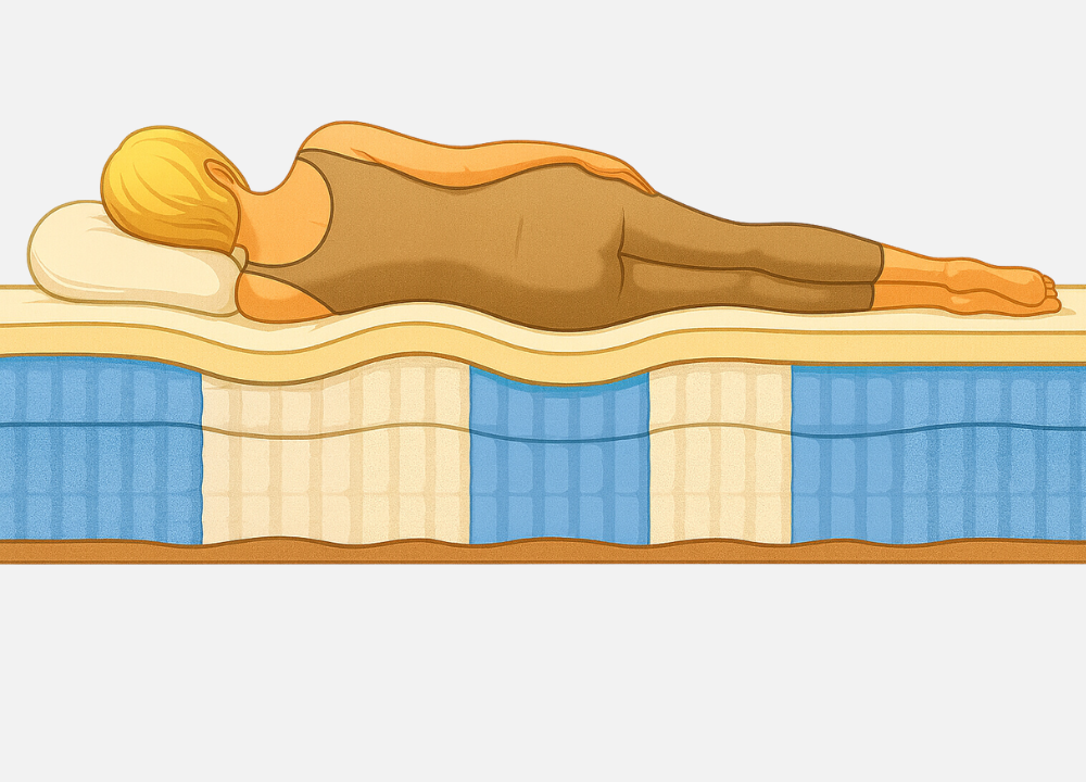 Side sleeper lying on a 5-zone pocket spring mattress with ergonomic support zones for shoulders, hips, and spine alignment — ideal for pressure relief and better sleep posture.
