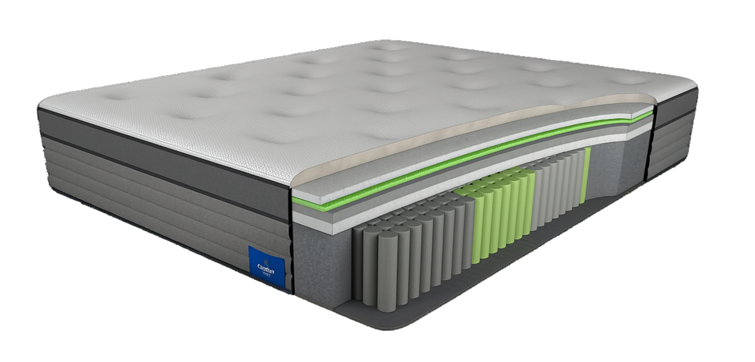 Cutaway view of a premium Australian-made hybrid mattress showing comfort foam layers, supportive pocket springs, and breathable quilting for superior sleep comfort.