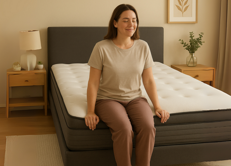 Woman sitting comfortably on the edge of a premium hybrid mattress with reinforced edge support — showcasing stability and comfort in a modern bedroom setting.