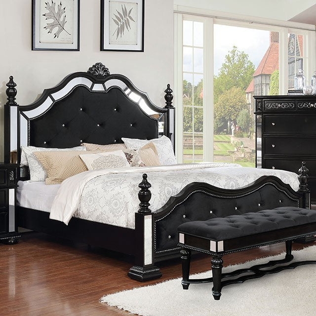 Azha Mirrored & Upholstered Bed Frame - Black