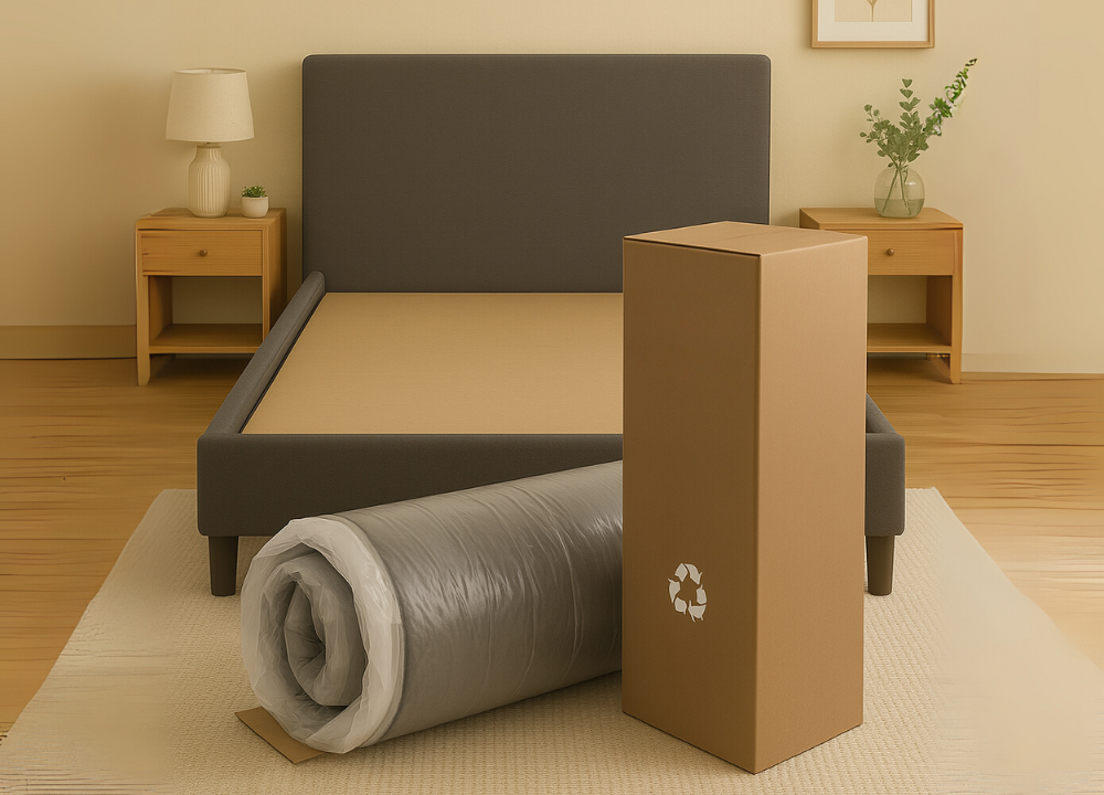 Rolled-up mattress next to a recyclable cardboard box in a modern bedroom — illustrating convenient mattress-in-a-box delivery and eco-friendly packaging.