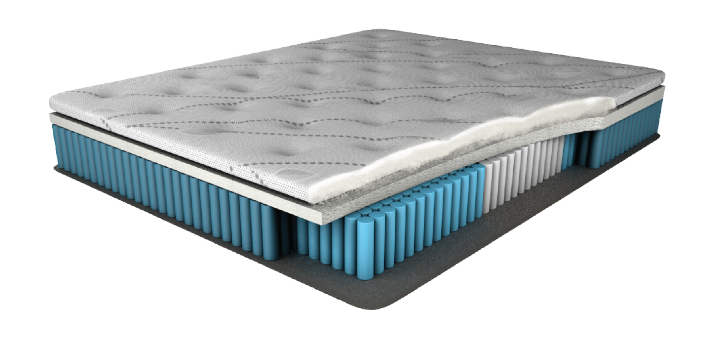 Cutaway view of a hybrid mattress with zoned pocket springs and multiple comfort layers — highlighting airflow, pressure relief, and targeted spinal support.