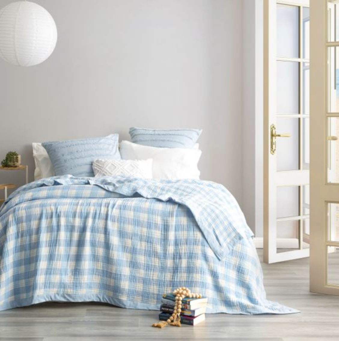 Gingham Washed Cotton Yarn Dyed Textured Blanket