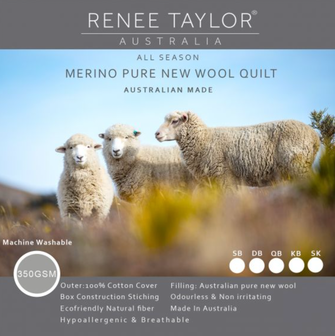 Renee Taylor Australian Made Pure Merino Wool 350GSM Quilt