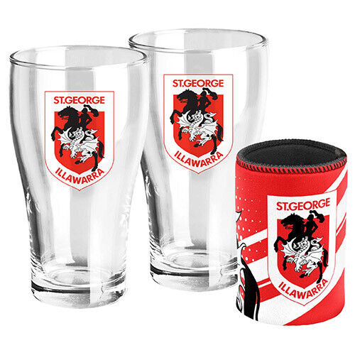 St George Illawarra Dragons Pint Glasses and Can Cooler Set