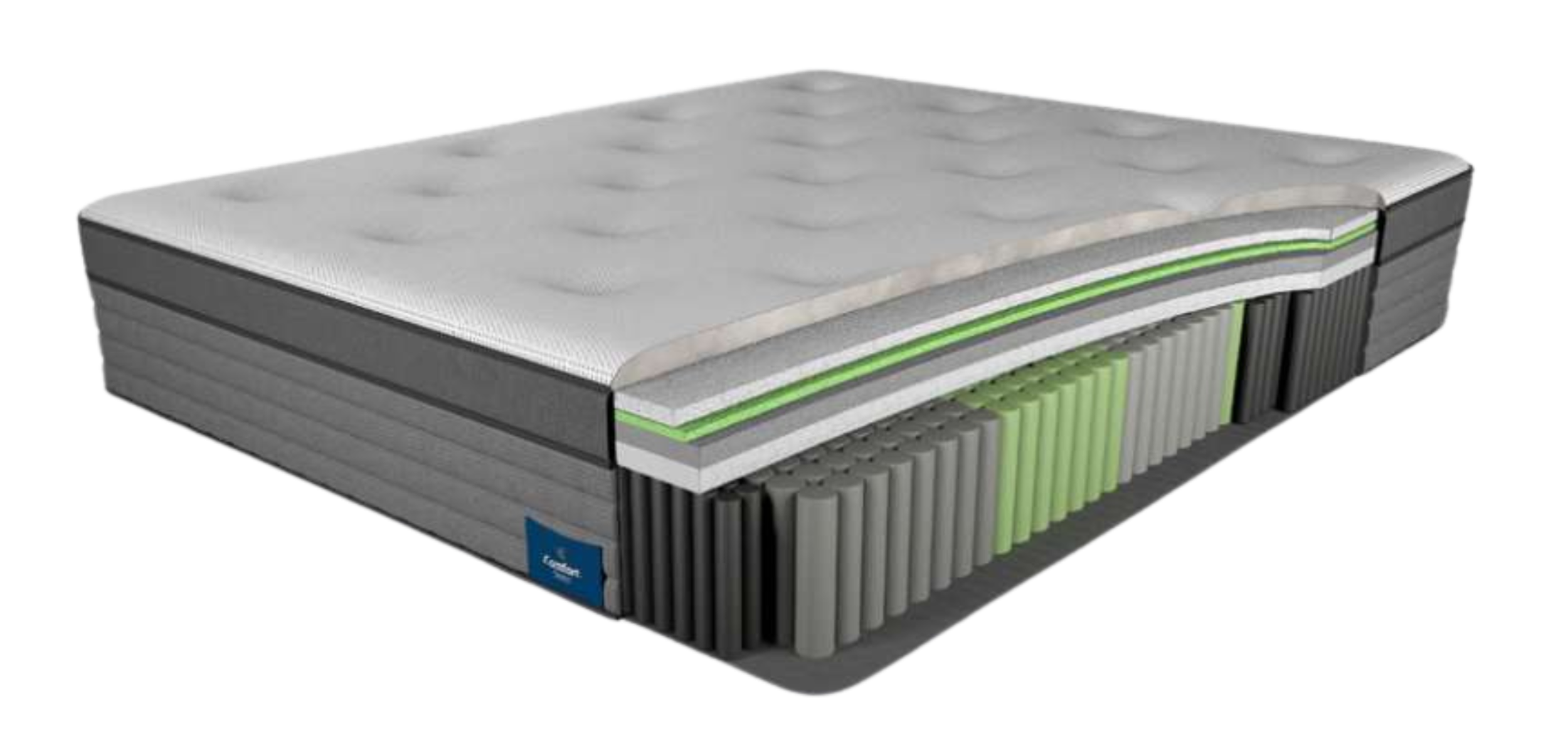 Cutaway of a luxury hybrid mattress featuring multi-zone pocket springs and layered comfort foams — designed for targeted back support, pressure relief, and breathability.