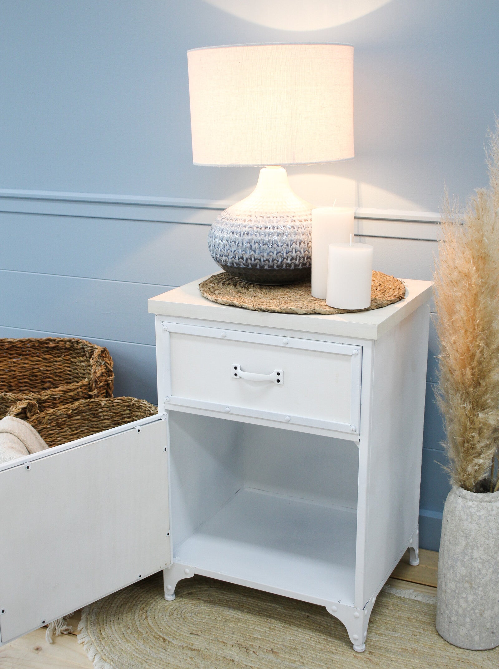 Metal & Timber Bedside Table White