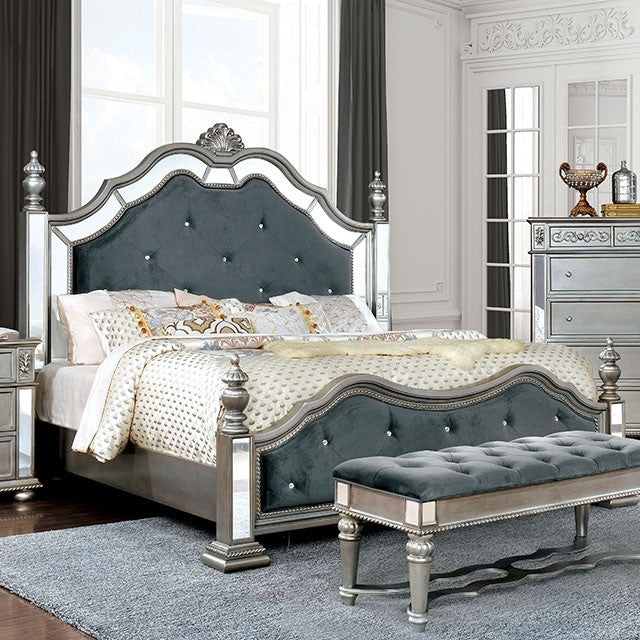 Azha Mirrored & Upholstered Bed Frame - Silver
